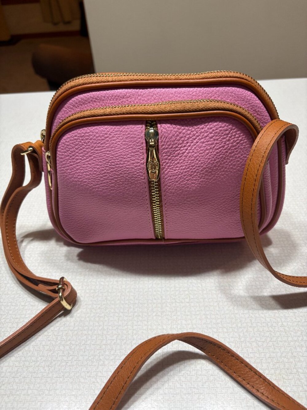 Like New Valentina Genuine Leather (from Italy) Pink and Brown Crossbody